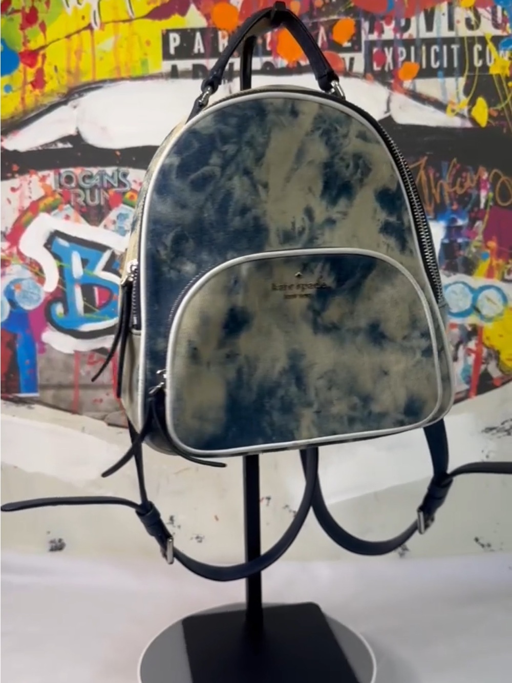 kate spade Navy and White Tie-Dye Denim Mini Backpack - Picture 2 of 16